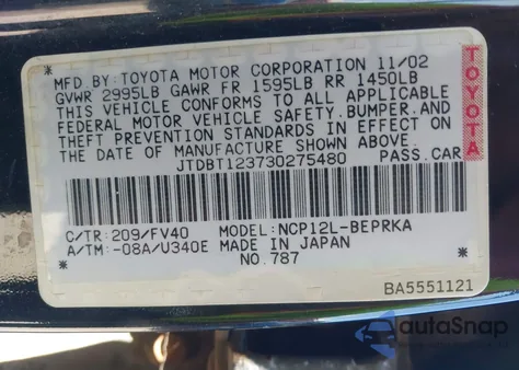 2003 Toyota Echo from USA, damaged, VIN JTDBT123730275480